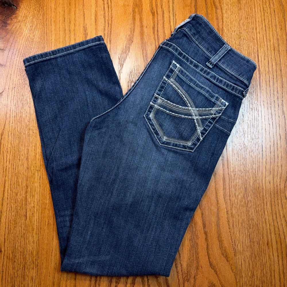 Ariat REAL Mid Rise Straight Jeans Women 32R Dark Wash Embroidered Stretch Denim